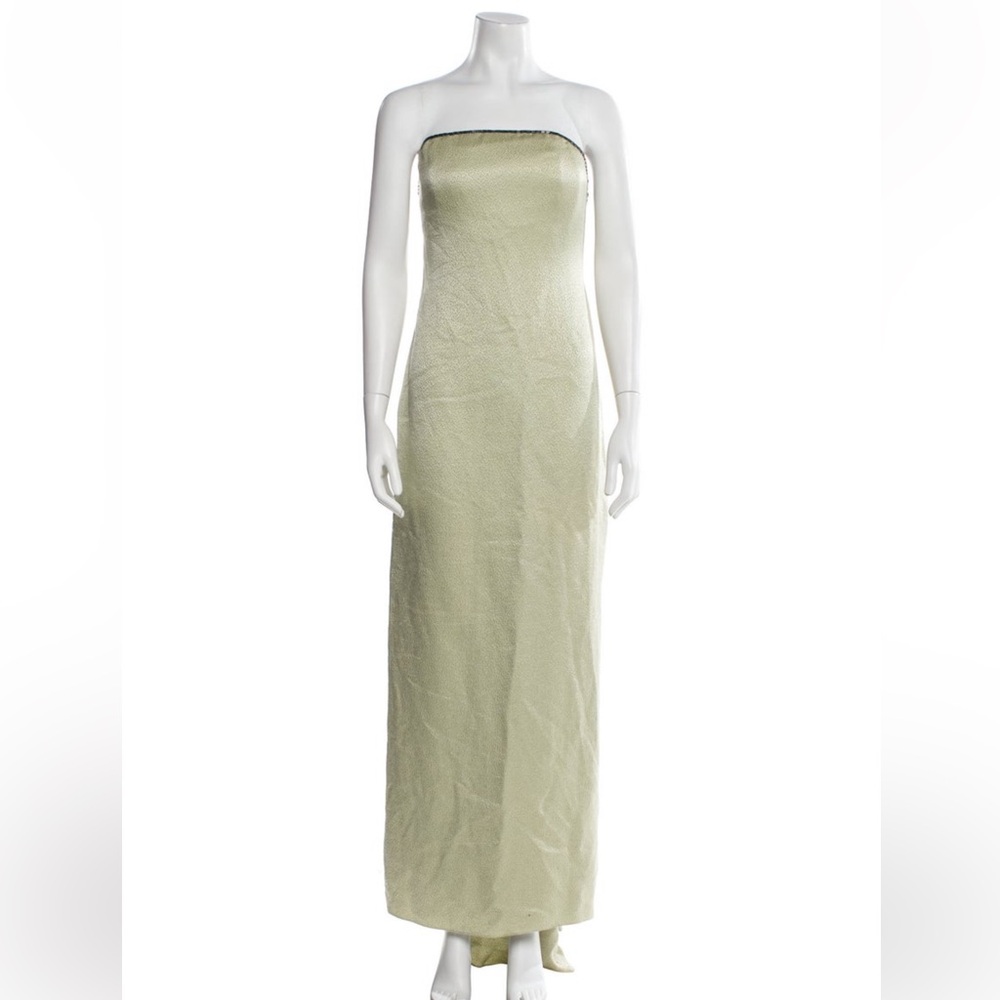 Carolina Herrera Strapless Maxi Dress in Pale Green with Black Trim